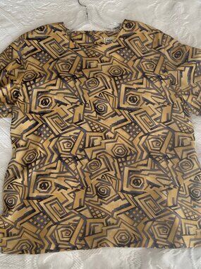NORA NOH SILK GEOMETRIC DESIGN GOLD/GRAY BLOUSE GENTLY WORN